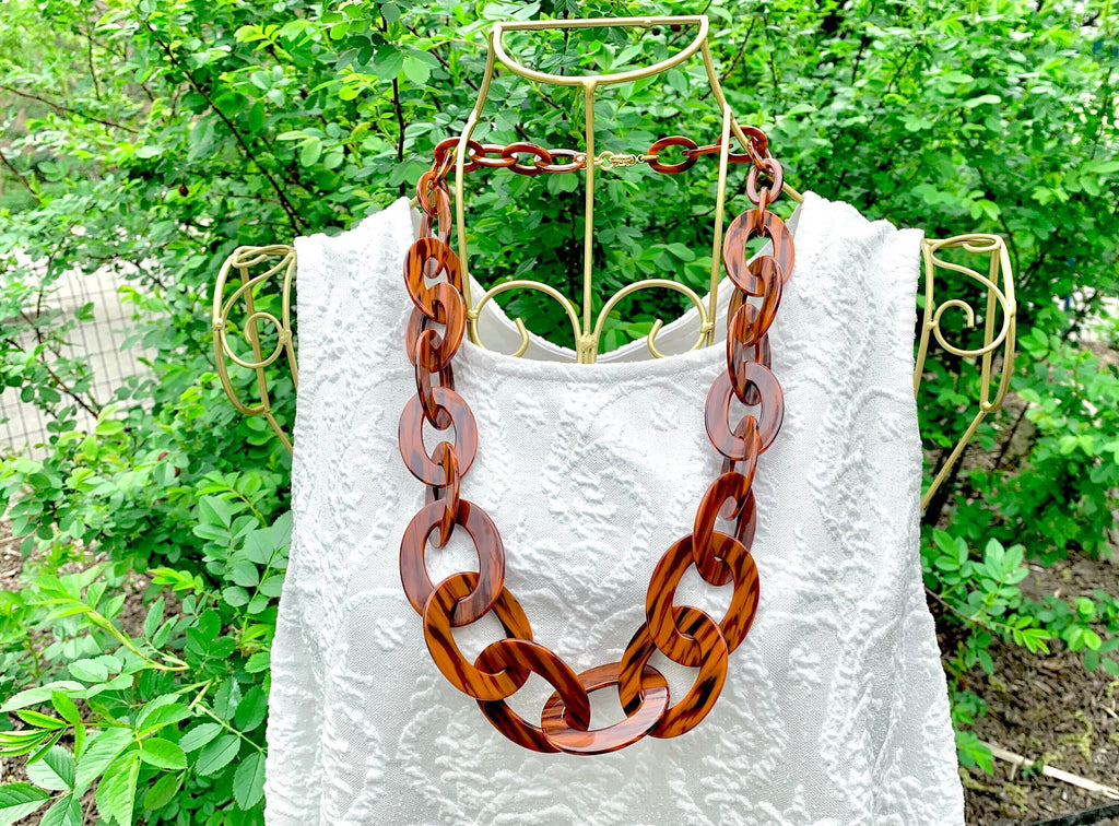Italian Cellulose Acetate Graduating Links Chain 28" Necklace in Burnt Siena |Spice Colored Chunky Resin Chain| Handmade in the USA|