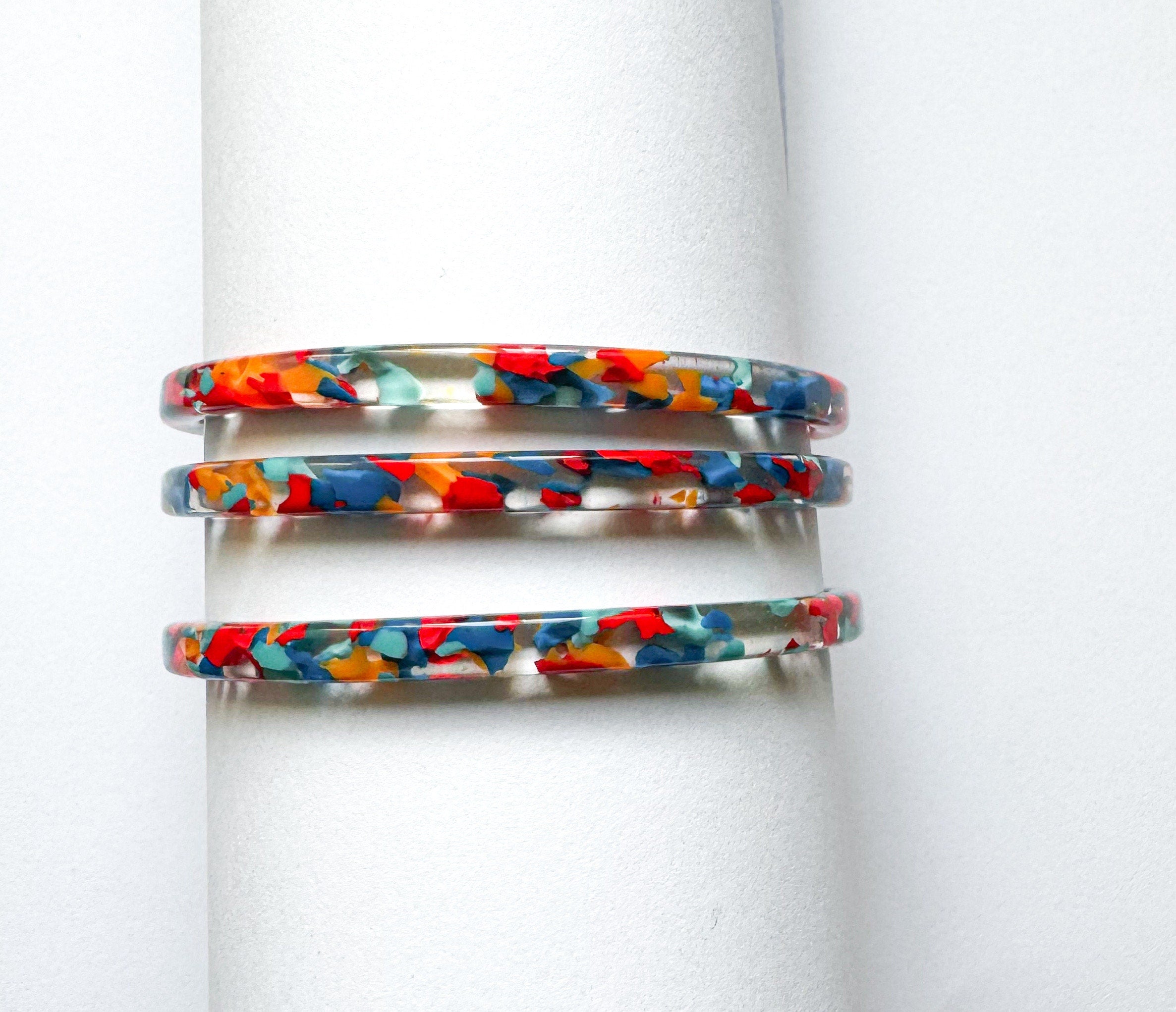 Set of Three Skinny Stacking Bangle Bracelets in Red Confetti Vintage Italian Cellulose Acetate | Handmade in the USA|