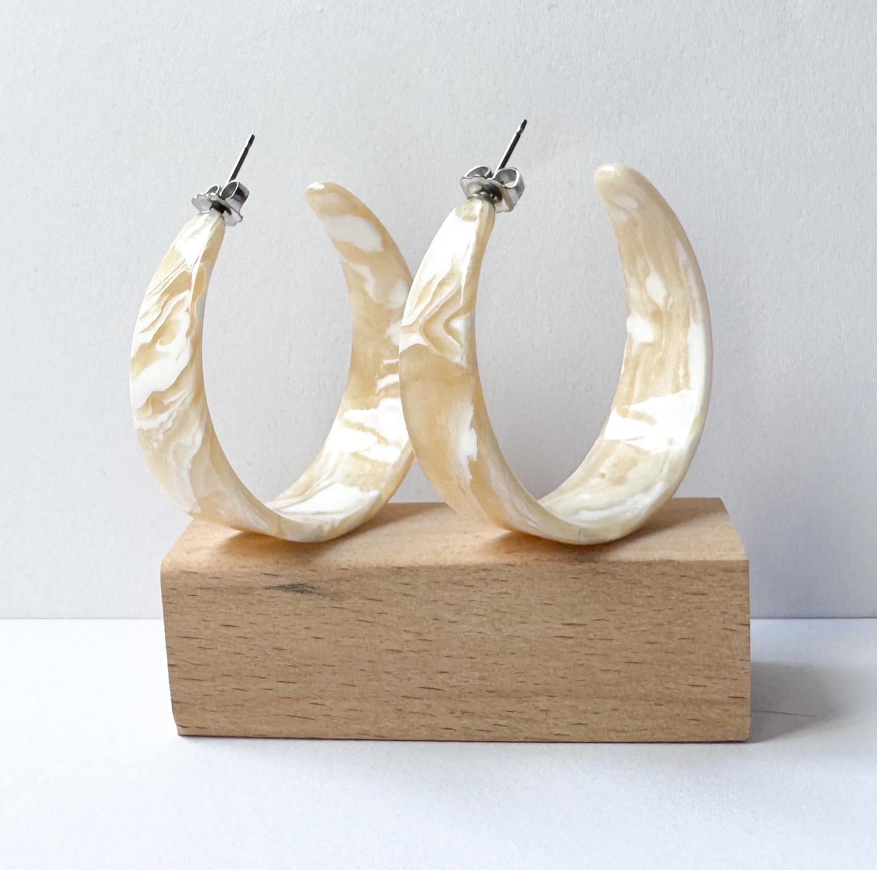 Tapered Ivory Hoop Earrings Handmade from Rare Vintage Italian Cellulose Acetate Bone Earrings Resin Hoops Lucite Statement Hoop Bone Hoops