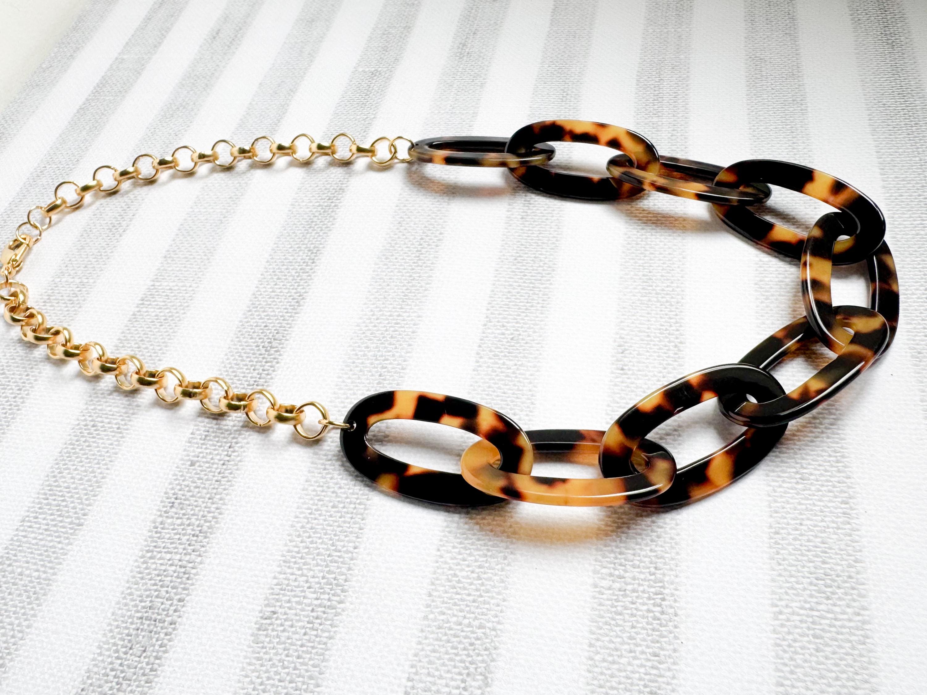 Tortoise Shell Chain Necklace 20" Handmade From Italian Cellulose Acetate and Gold Filled Chain Tortoise Link Necklace Lucite Chain