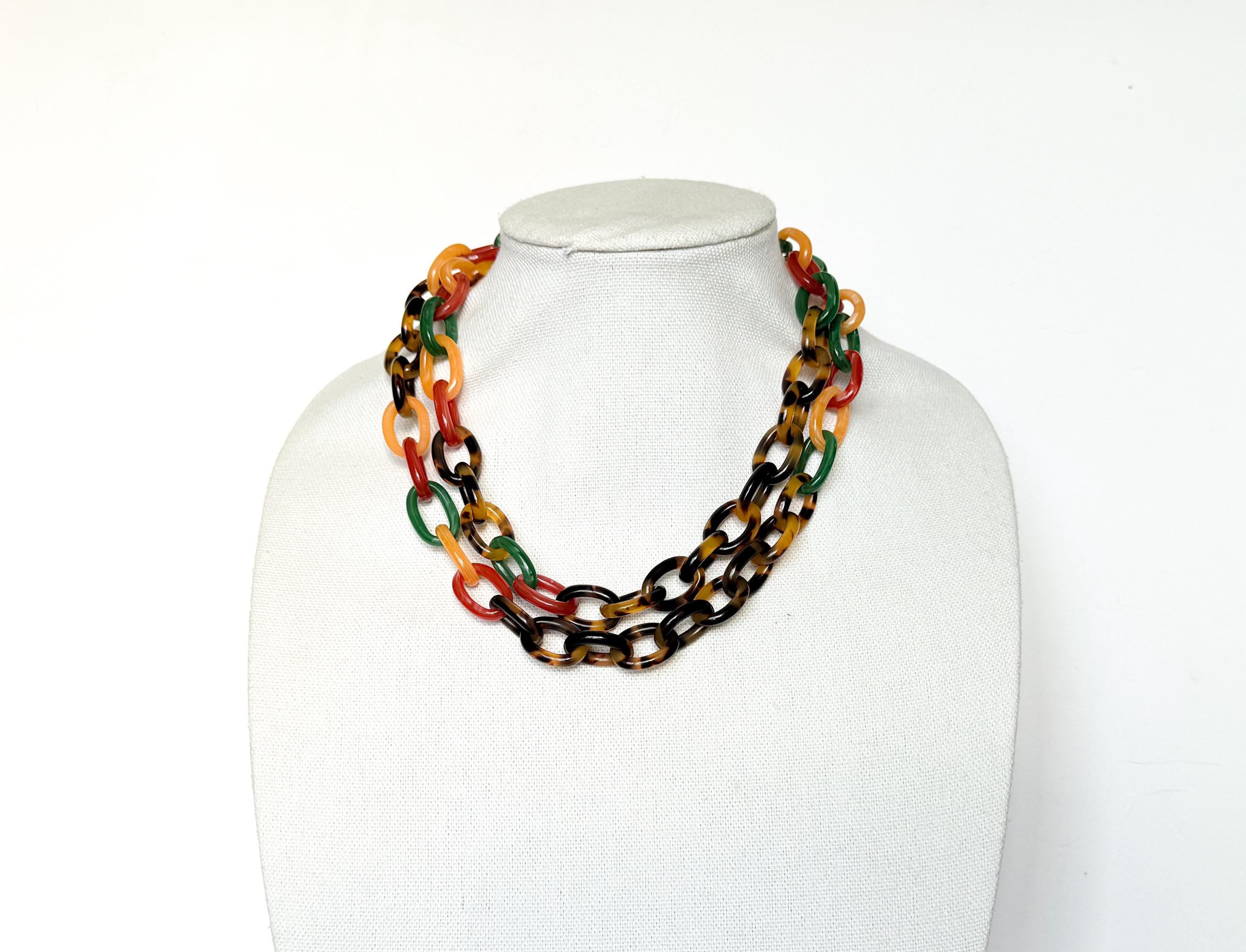 Tortoise Shell  Chunky Chain Necklace With Bakelite Inspired Accents Handmade From Italian Cellulose Acetate Tortoise Shell Resin Chain