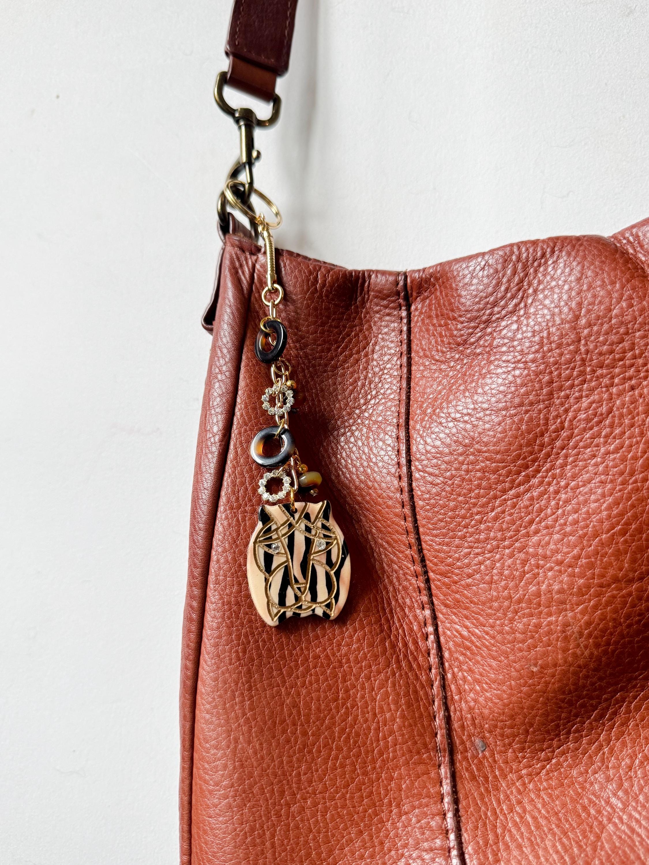 Jungle Cat Bag Charm. Handmade From Vintage Cellulose Acetate Buttons and Findings Animal Print and Tortoise Shell Bag Charm Acrylic Keyring