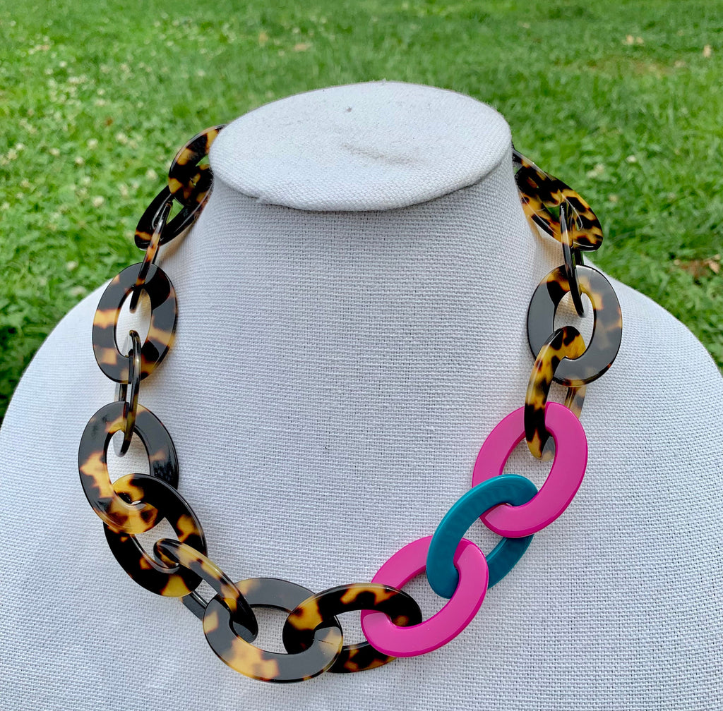 21" Colorful Tortoise Shell Chain With Pops of Magenta and Teal | Handmade in NYC From Italian Cellulose Acetate Chunky Tortoise Chain