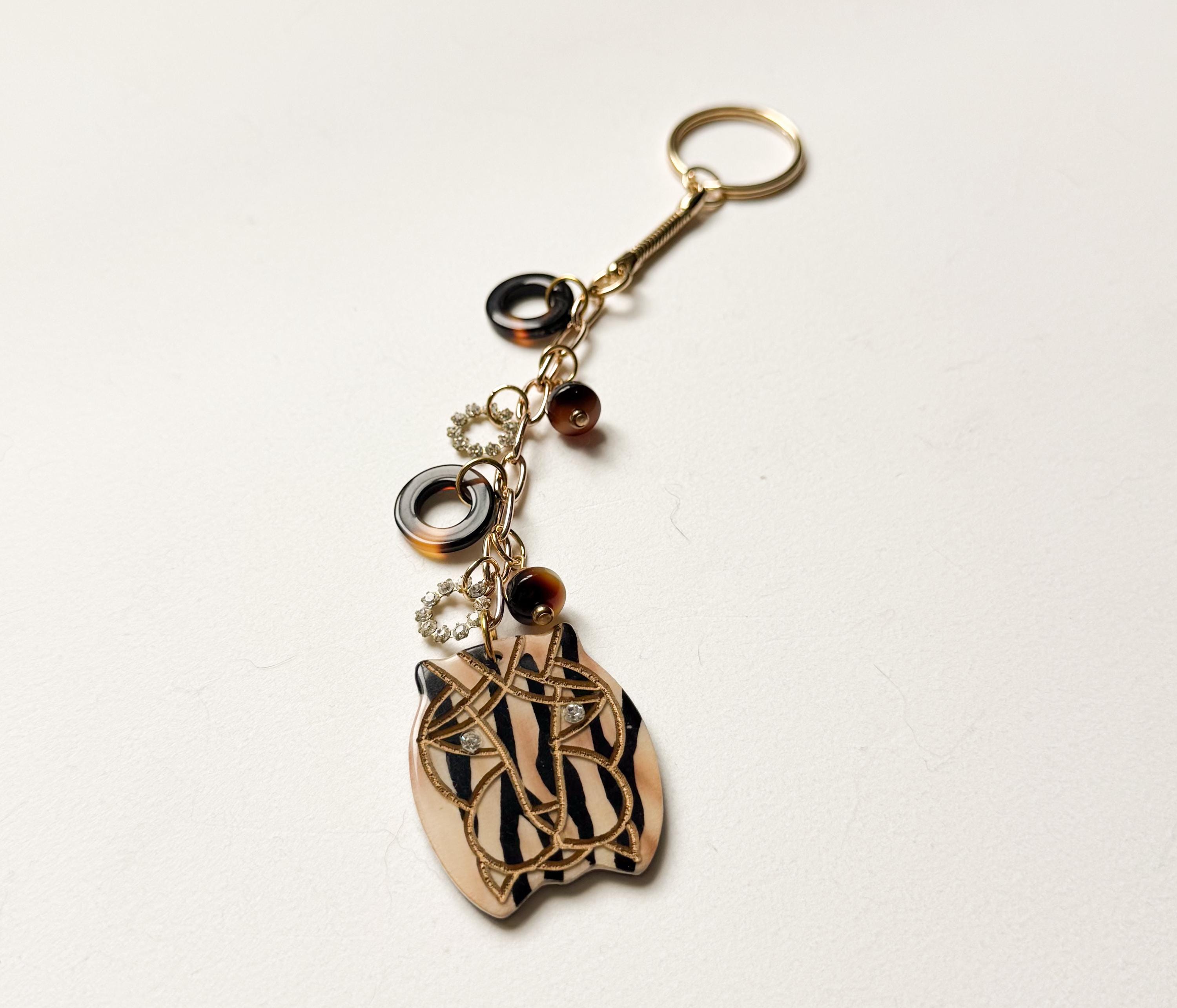 Jungle Cat Bag Charm. Handmade From Vintage Cellulose Acetate Buttons and Findings Animal Print and Tortoise Shell Bag Charm Acrylic Keyring