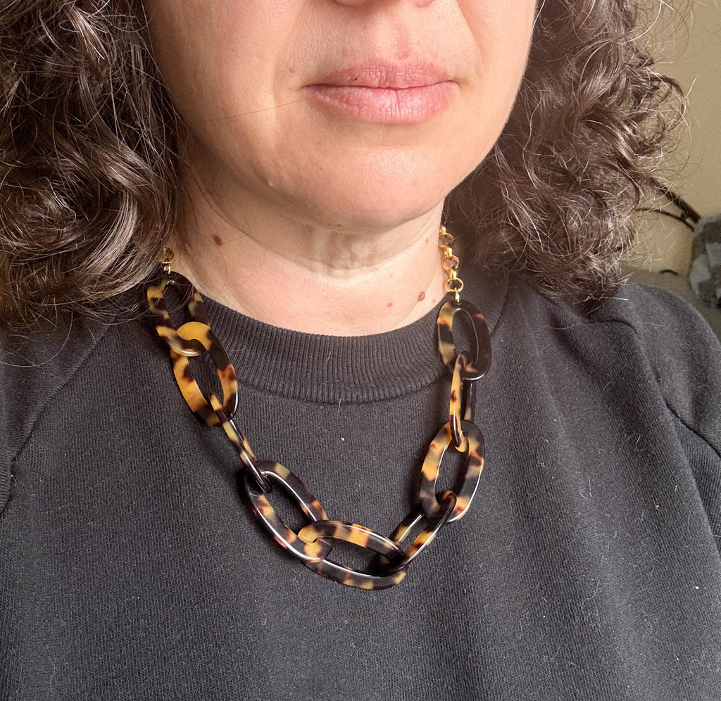 Tortoise Shell Chain Necklace 20" Handmade From Italian Cellulose Acetate and Gold Filled Chain Tortoise Link Necklace Lucite Chain