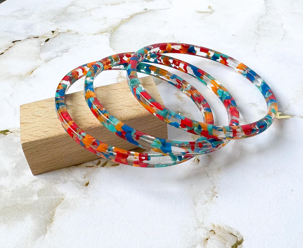 Set of Three Skinny Stacking Bangle Bracelets in Red Confetti Vintage Italian Cellulose Acetate | Handmade in the USA|