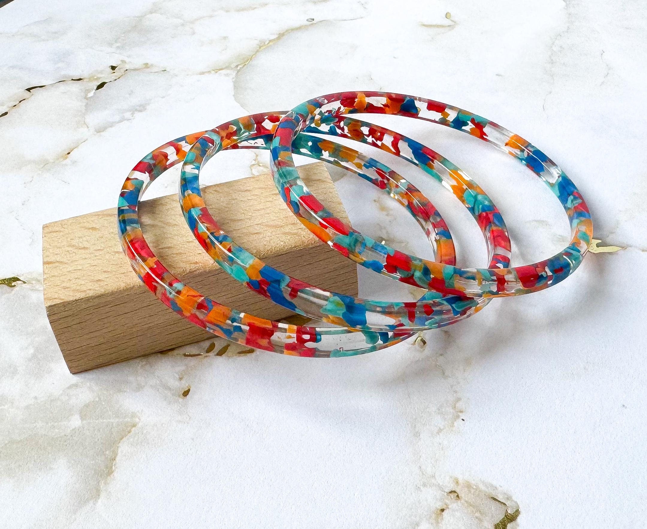 Set of Three Skinny Stacking Bangle Bracelets in Red Confetti Vintage Italian Cellulose Acetate | Handmade in the USA|
