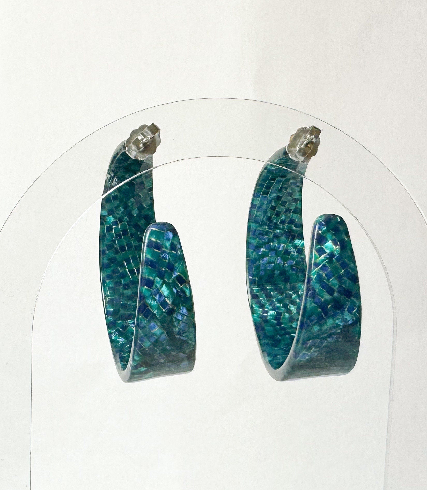 Metallic Teal Mosaic Tapered Hoop Earring Italian Cellulose Acetate Hoop |Handmade in the USA| Lucite Statement Hoop Resin Hoop acrylic hoop