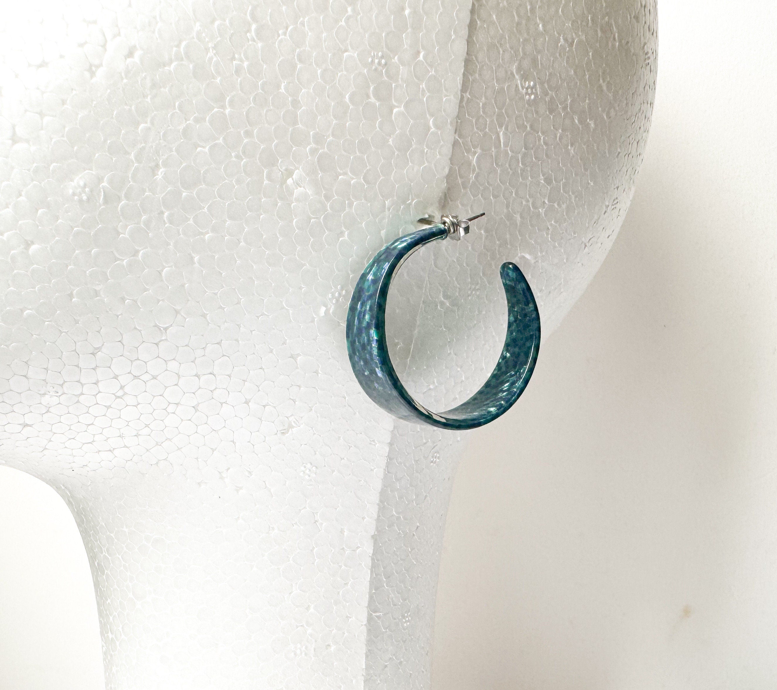 Metallic Teal Mosaic Tapered Hoop Earring Italian Cellulose Acetate Hoop |Handmade in the USA| Lucite Statement Hoop Resin Hoop acrylic hoop