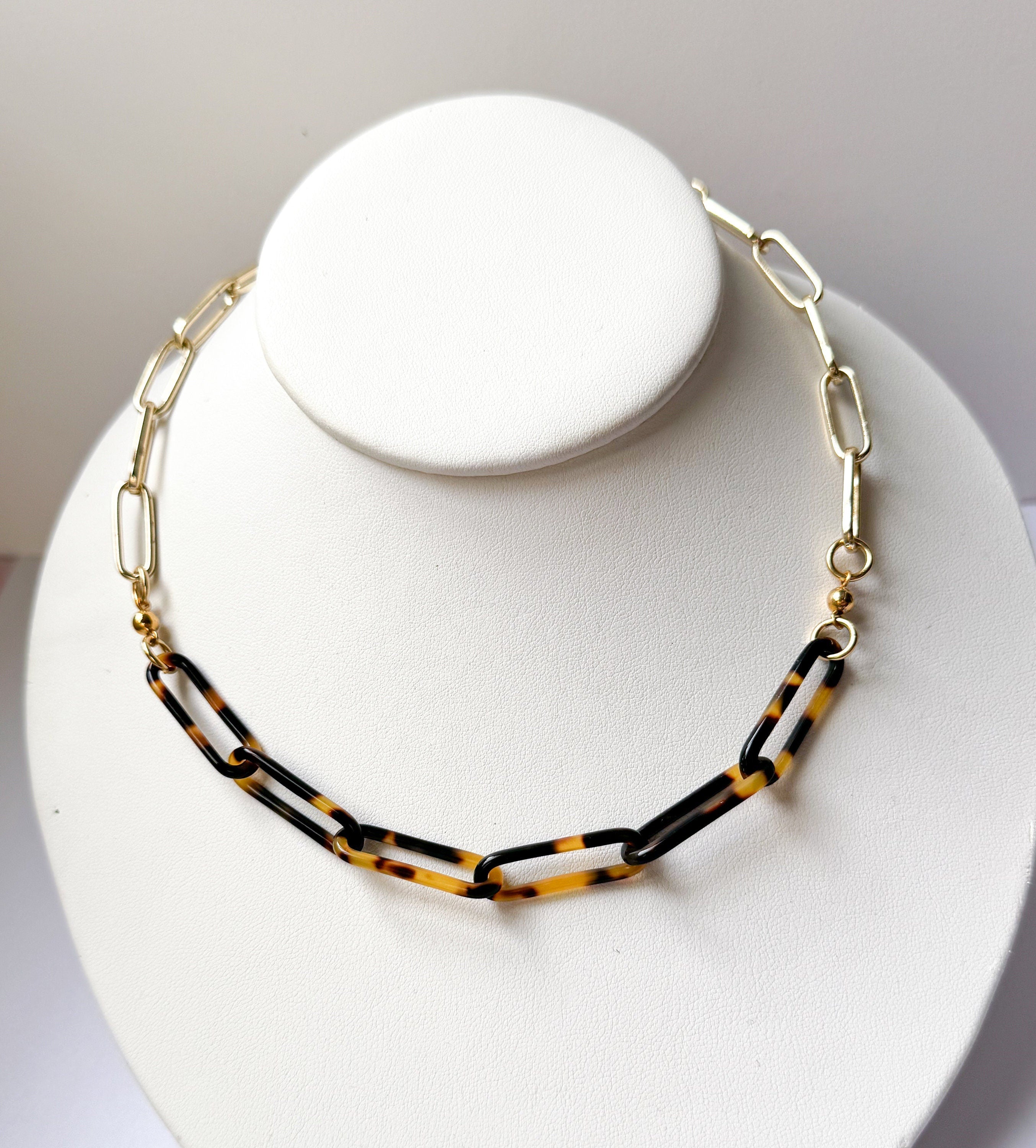 18" Tortoise Shell and Gold Filled Paperclip Chain |Handmade From Italian Cellulose Acetate | Tortoise Shell Necklace Made in USA