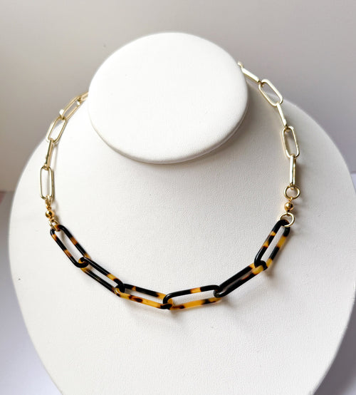 18" Tortoise Shell and Gold Filled Paperclip Chain |Handmade From Italian Cellulose Acetate | Tortoise Shell Necklace Made in USA