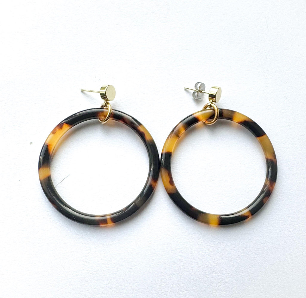 The 'Elena' Tortoise Hoop Earring Tortoise Shell Circle Drop Earring with Gold Post Handmade in NYC