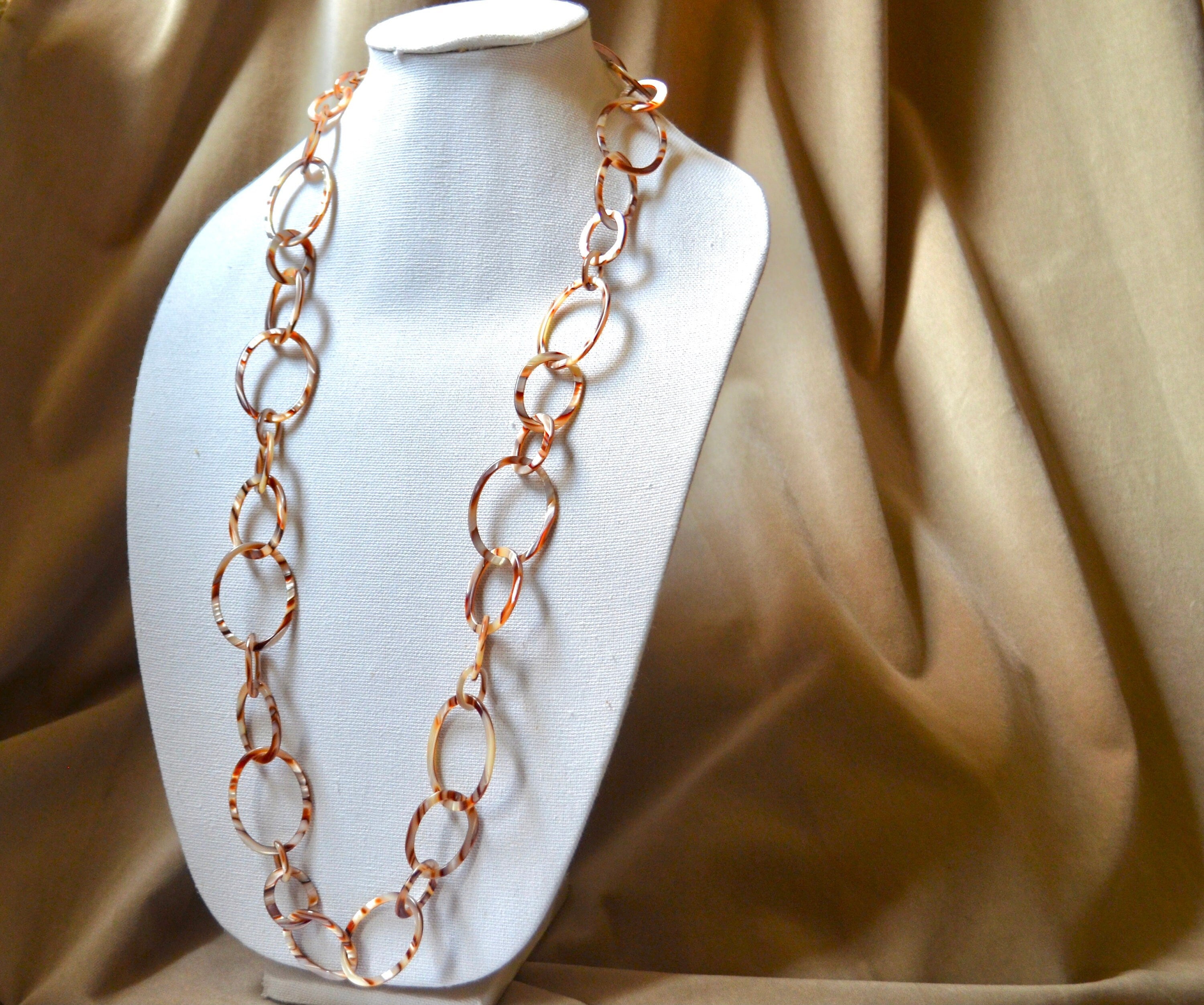 38" Alabaster Faux Tortoise Graduating Links Chain Made From Vintage Italian Cellulose Acetate |Handmade in the USA|