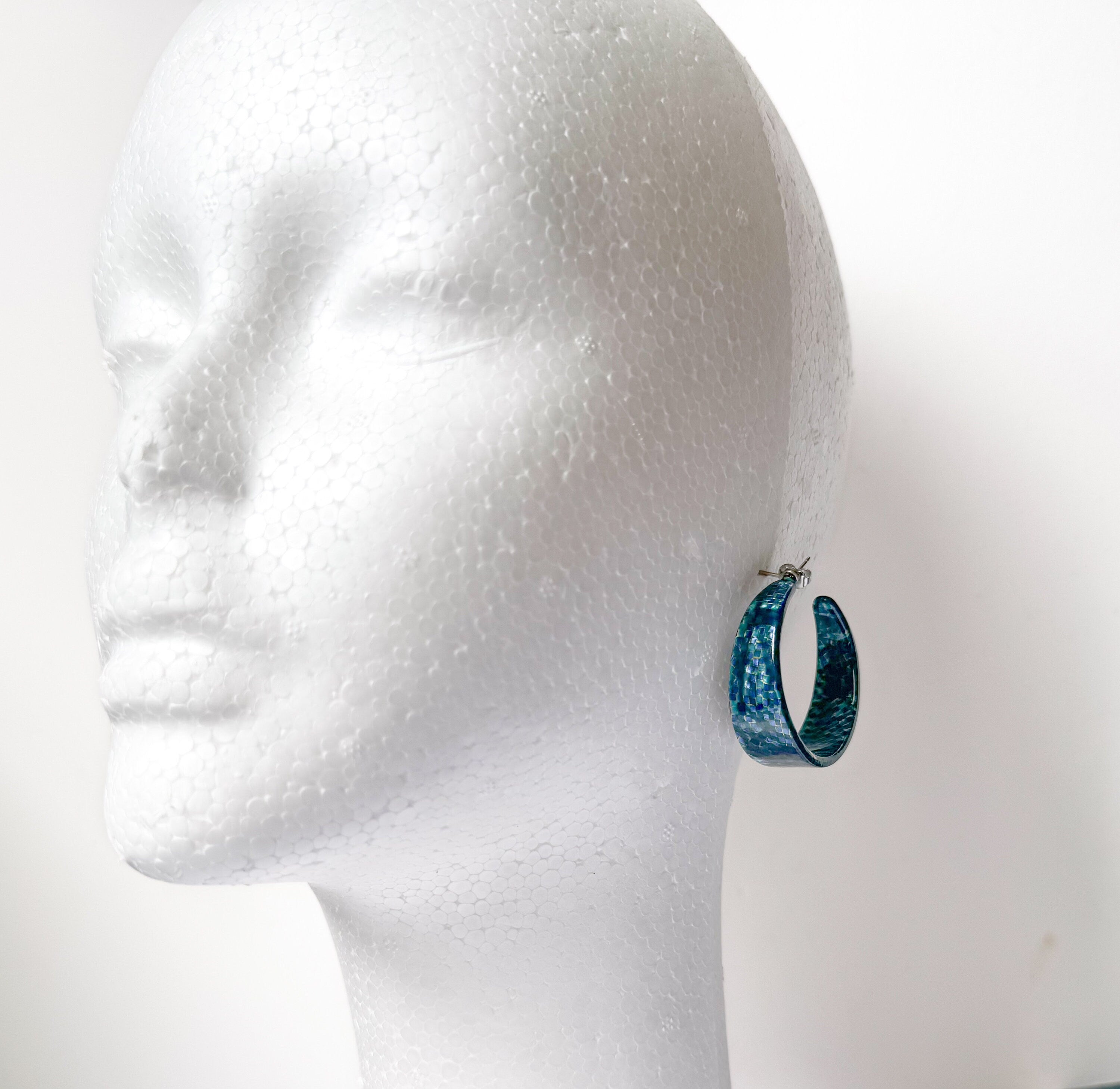 Metallic Teal Mosaic Tapered Hoop Earring Italian Cellulose Acetate Hoop |Handmade in the USA| Lucite Statement Hoop Resin Hoop acrylic hoop