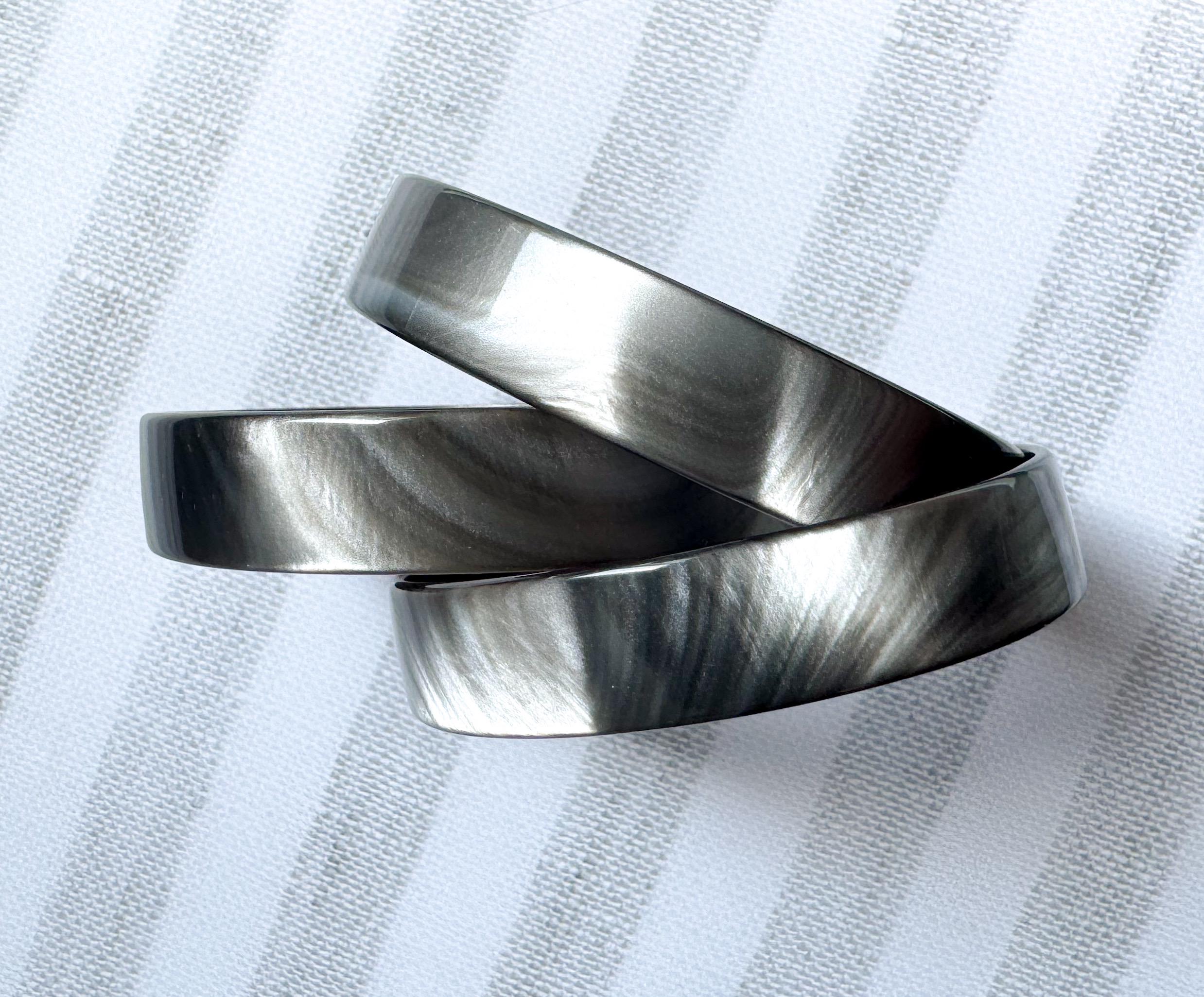 set of Three Silver Hematite Resin Bangle Bracelets Handmade From Italian Cellulose Acetate Vintage Never Worn Metallic Bangles