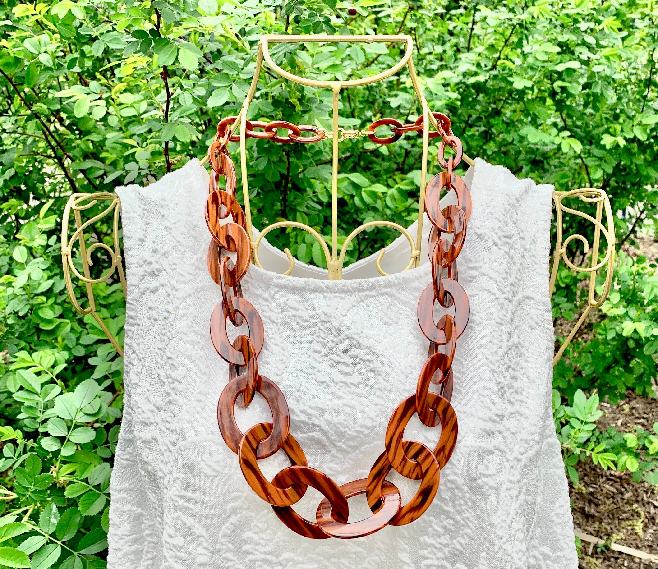 Italian Cellulose Acetate Graduating Links Chain 28" Necklace in Burnt Siena |Spice Colored Chunky Resin Chain| Handmade in the USA|
