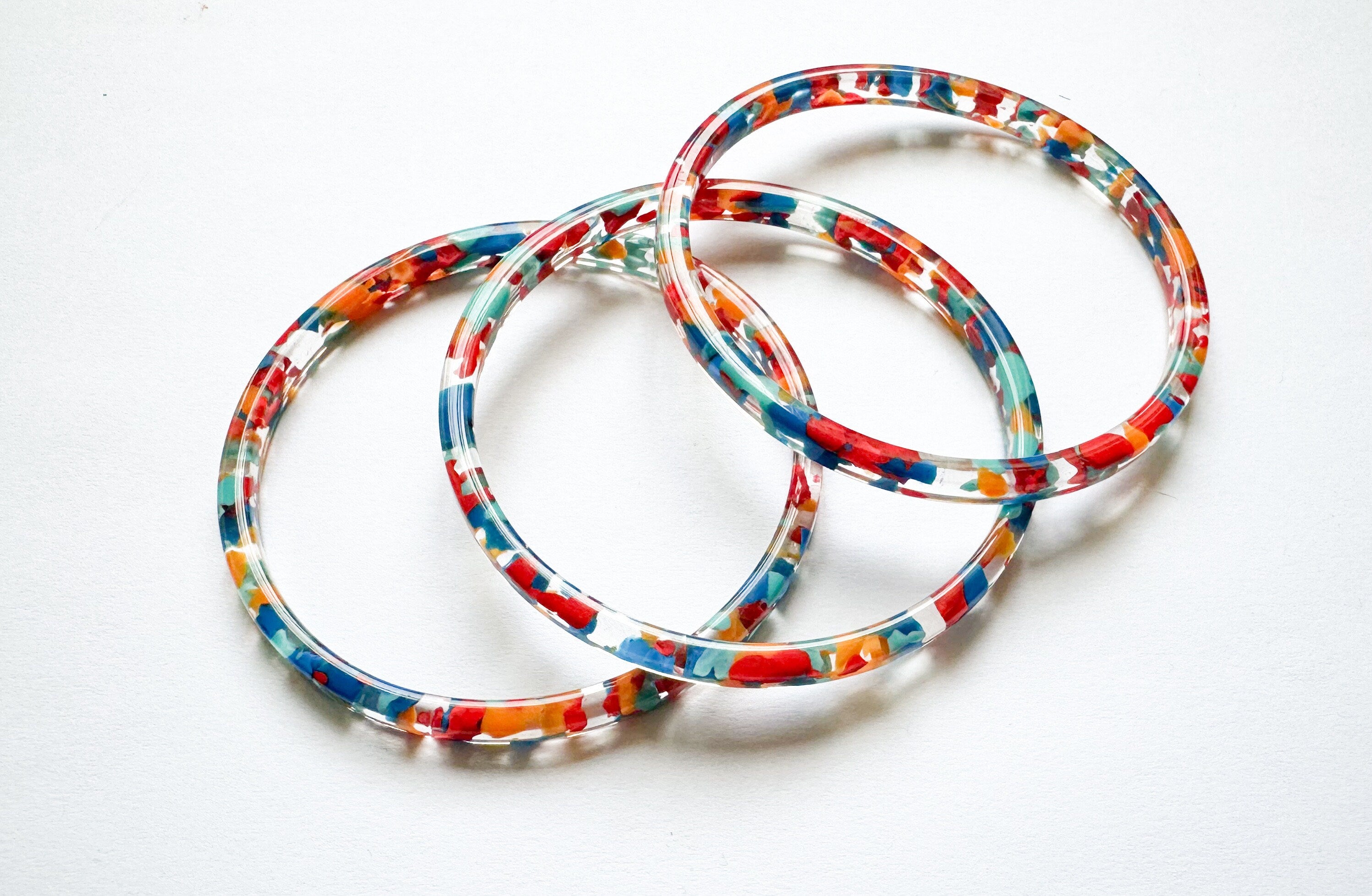 Set of Three Skinny Stacking Bangle Bracelets in Red Confetti Vintage Italian Cellulose Acetate | Handmade in the USA|