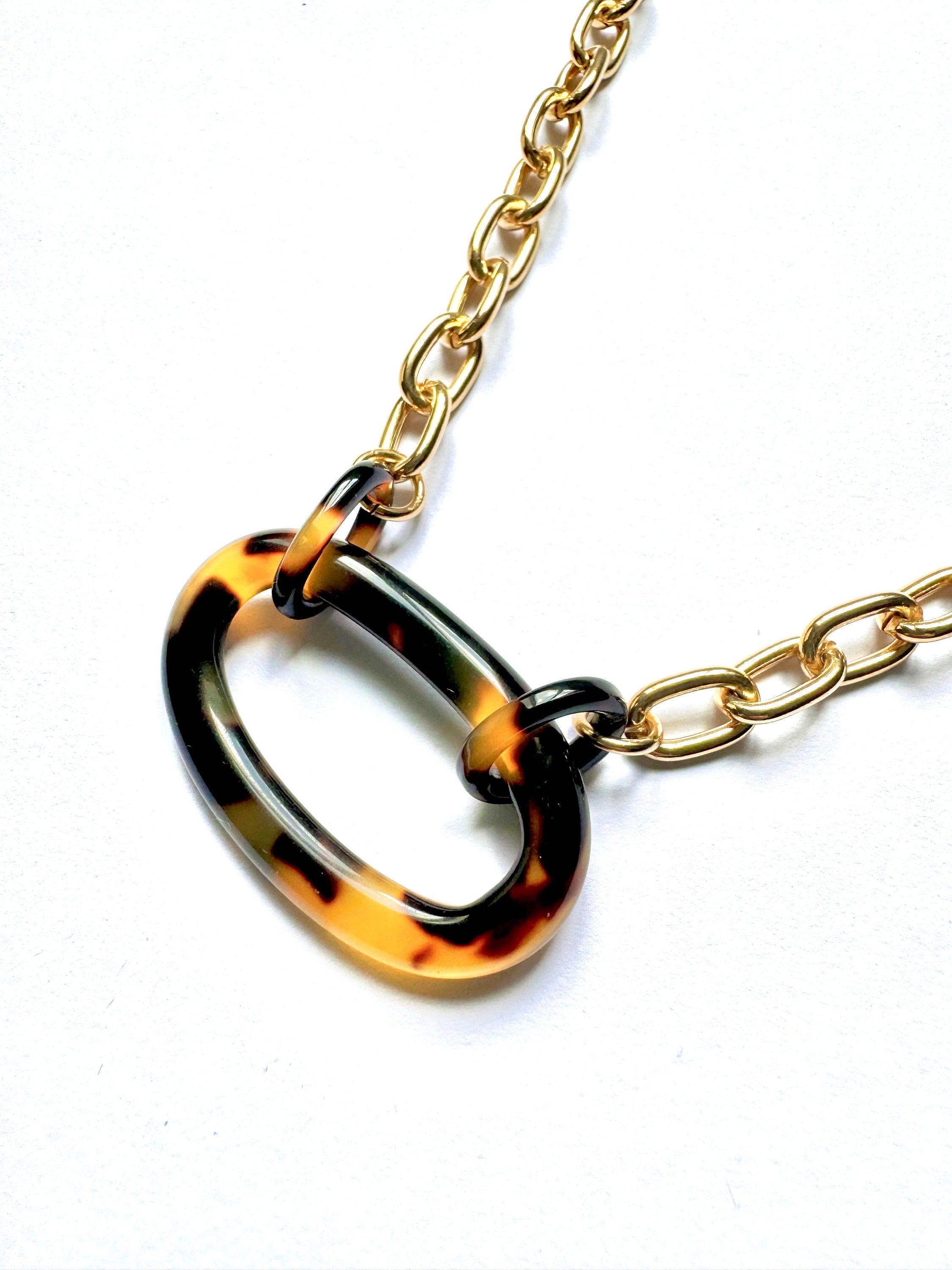Large Tortoise Shell Link and Gold 17.5" Choker Chain |Repurposed from Vintage Italian Cellulose Acetate Links | Made in USA | Free Shipping
