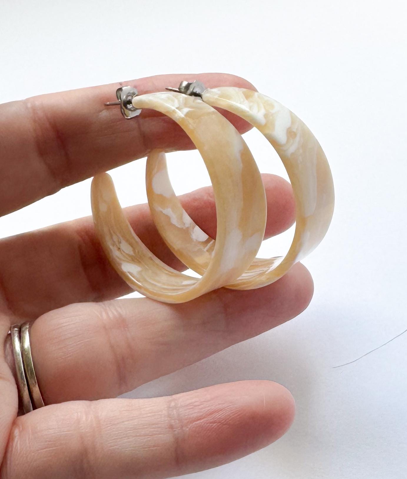 Tapered Ivory Hoop Earrings Handmade from Rare Vintage Italian Cellulose Acetate Bone Earrings Resin Hoops Lucite Statement Hoop Bone Hoops