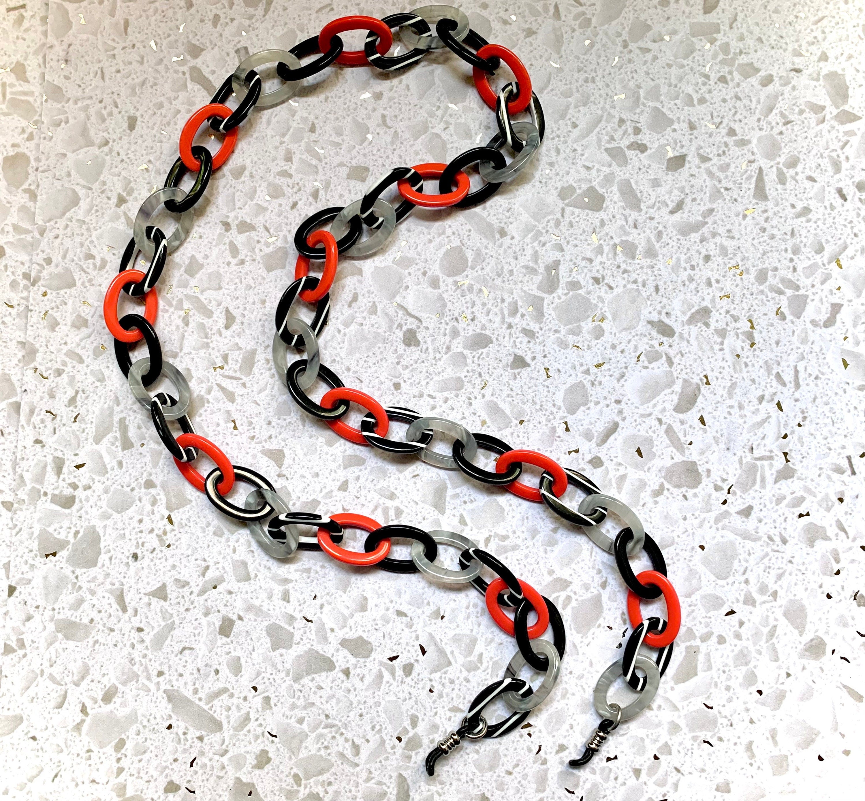 Black, White, Gray and Red Glasses Holder / Sunglass Chain Handmade from  Vintage Italian Cellulose Acetate