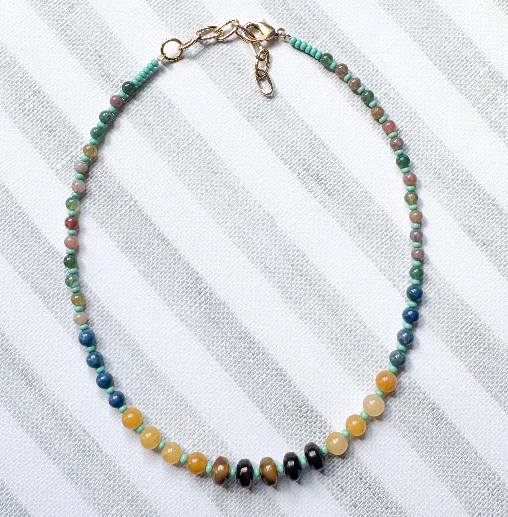 Beaded Choker Necklace Handmade From Tortoise Shell, Turquoise, Lapis, Agate, and Jade Beads With 2" Extender Beaded Gemstone Necklace