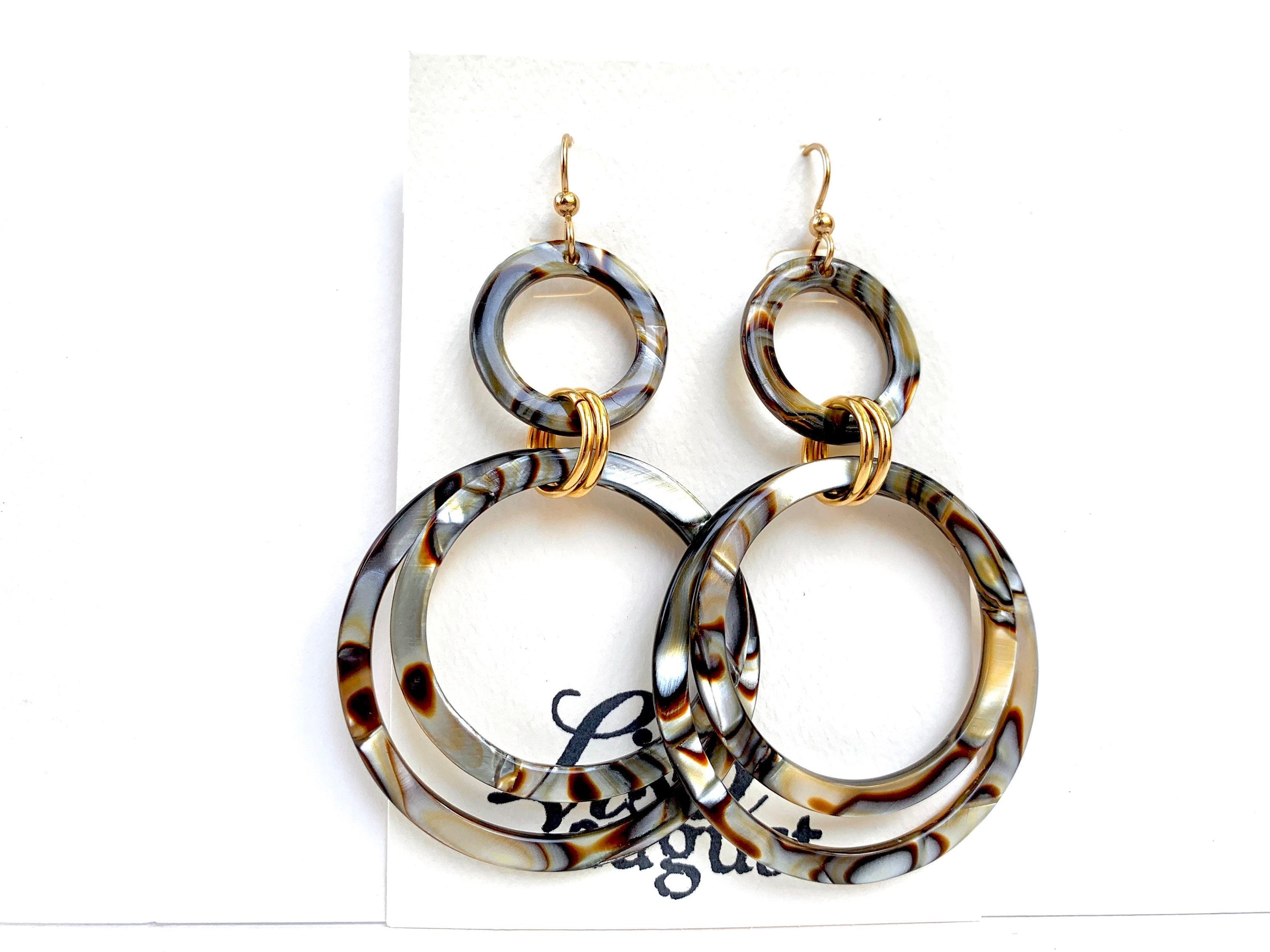 Circle Drop Earring Handmade Italian Cellulose Acetate Metallic Tortoise Statement Earring Acrylic Drop Earring