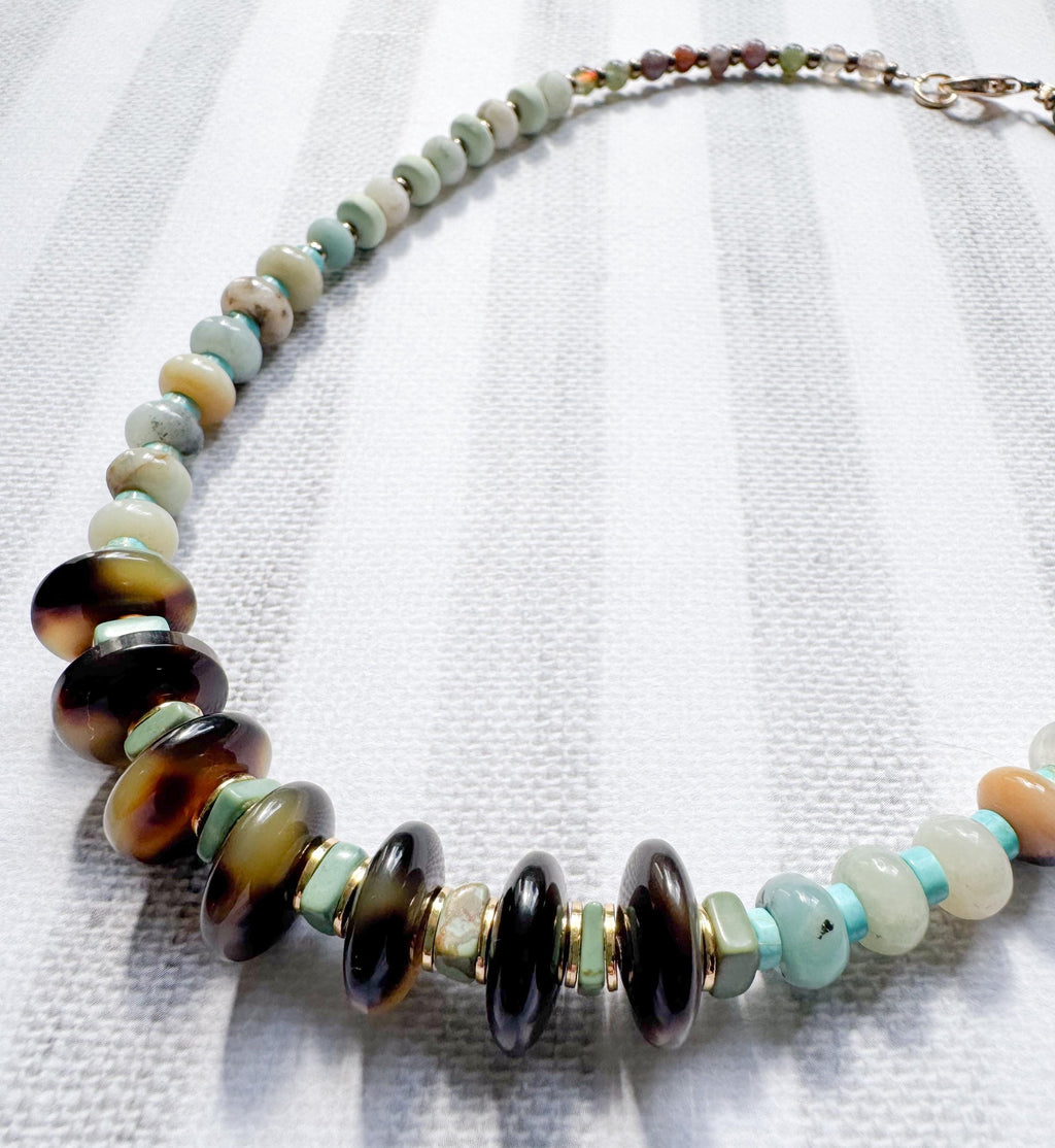Beaded Necklace Made Handmade From Tortoise Shell, Agate, Amazonite, and Turquoise Beads with Gold Spacers Handmade in NYC Limited Edition