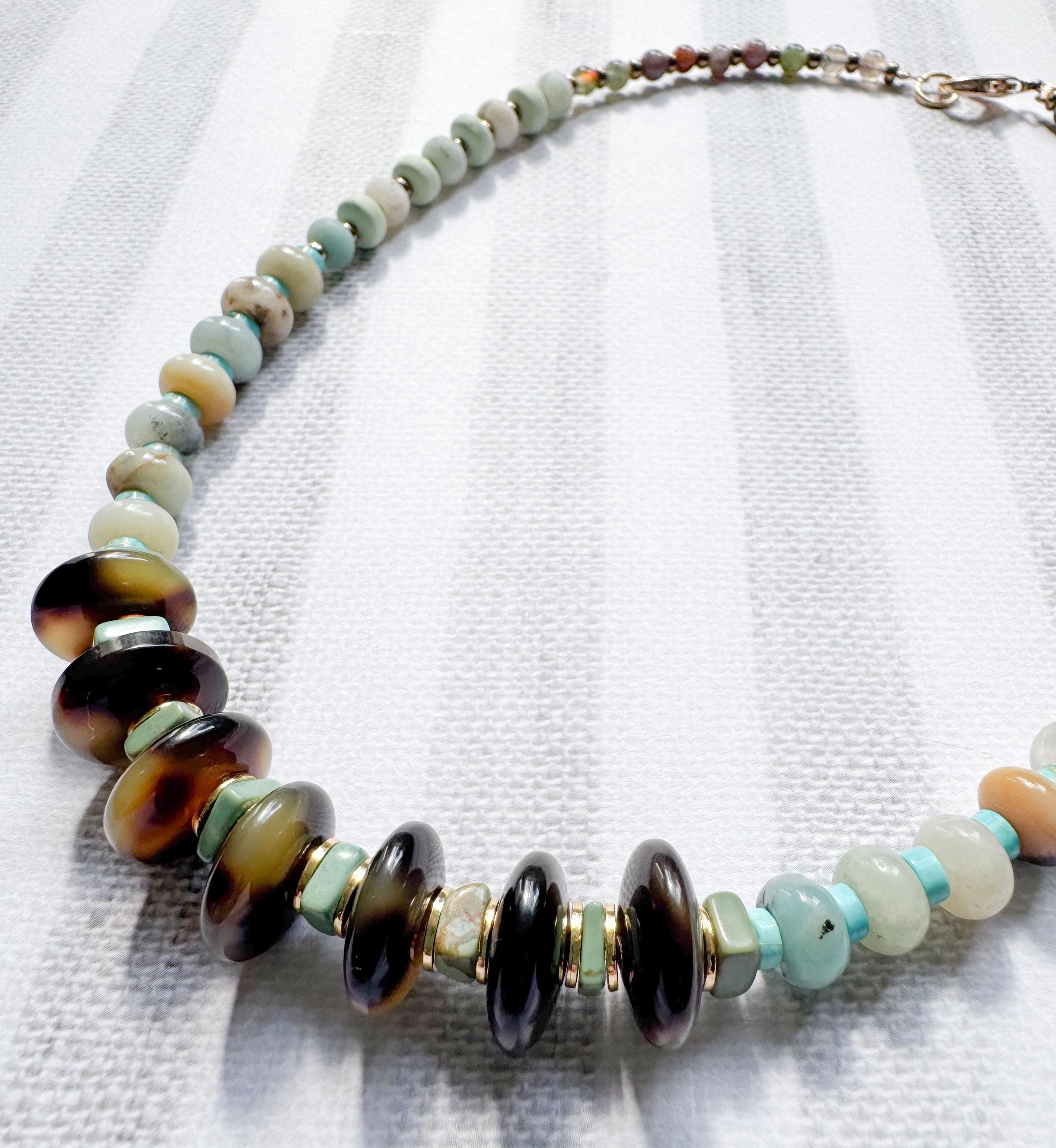 Beaded Necklace Made Handmade From Tortoise Shell, Agate, Amazonite, and Turquoise Beads with Gold Spacers Handmade in NYC Limited Edition