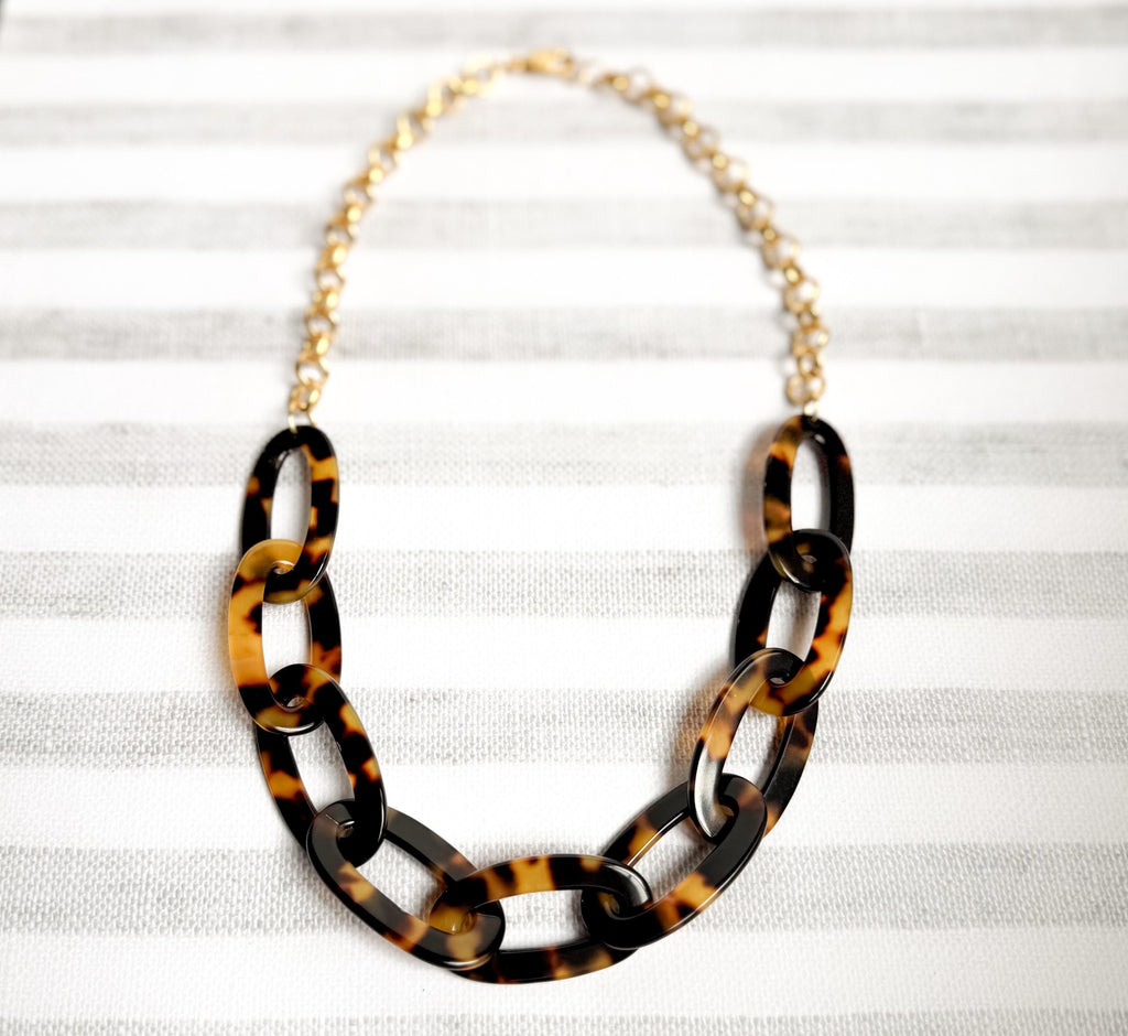Tortoise Shell Chain Necklace 20" Handmade From Italian Cellulose Acetate and Gold Filled Chain Tortoise Link Necklace Lucite Chain