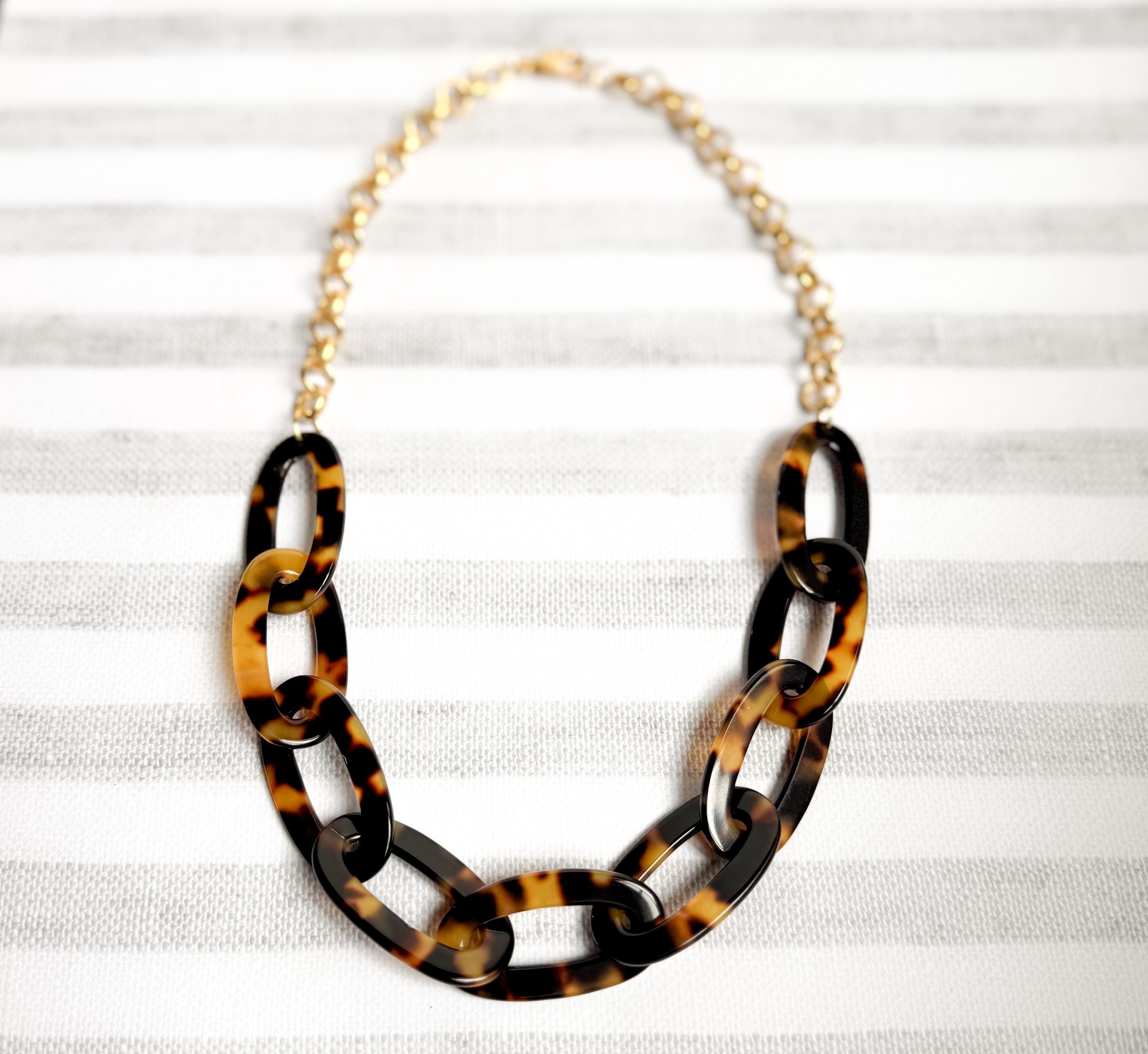 Tortoise Shell Chain Necklace 20" Handmade From Italian Cellulose Acetate and Gold Filled Chain Tortoise Link Necklace Lucite Chain
